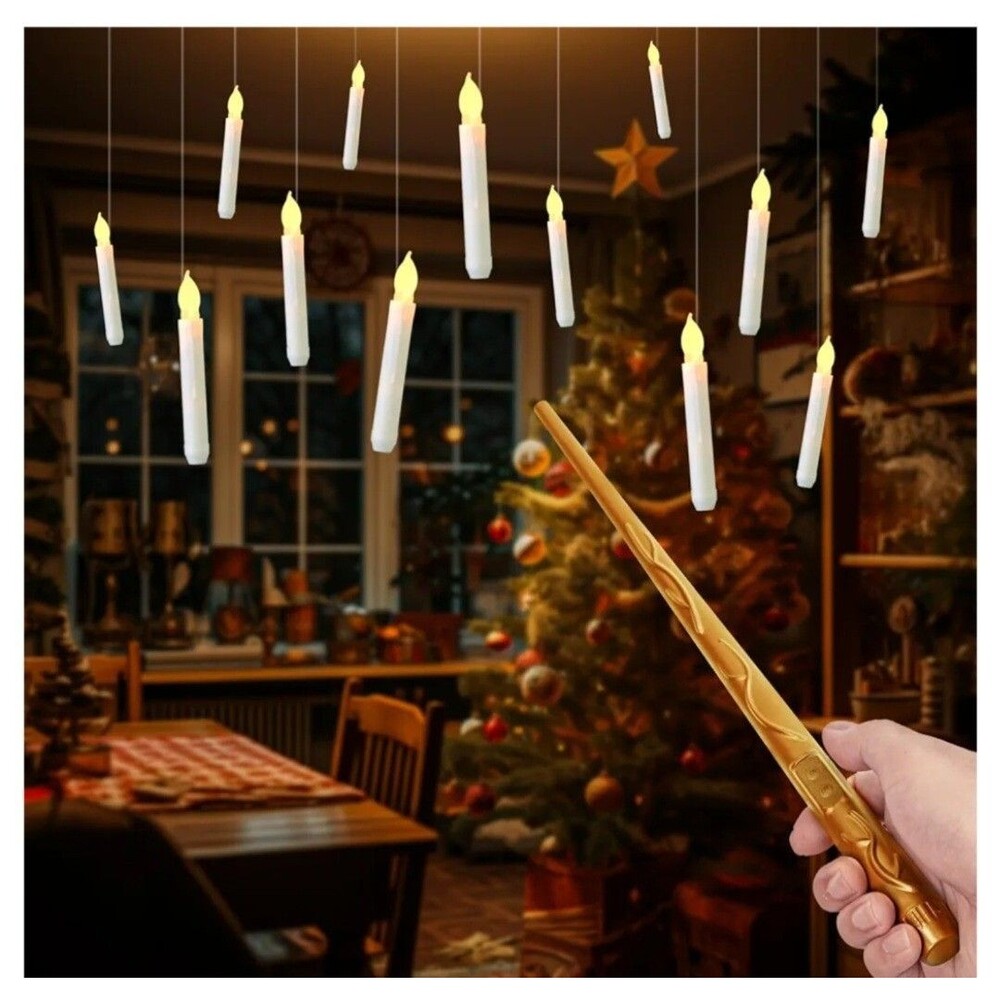 12 Hanging Flameles LED Floating Taper Candles Light Magic Wand Remote Control